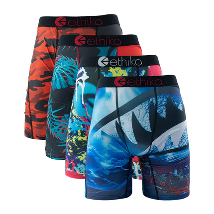 ETHIKA 4Pcs Men Underwear Boxers Breathable Swimming Man Underpants Plus Size Print Mens Panties Trunks Sexy Men's Boxer Briefs