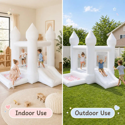 (Come with blower) 9x9x7ft Inflatable White Bounce Castle with Slide & Ball Pit For kids High‑Quality Oxford for Indoor and Outdoor Family at Birthdays and Celebration