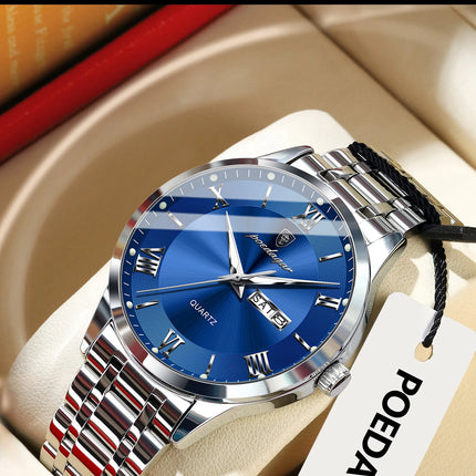 POEDAGAR Luxury Man Clock Waterproof Luminous Week Date Fashion Men's Wristwatch Stainless Steel Business Quartz Watches For Men