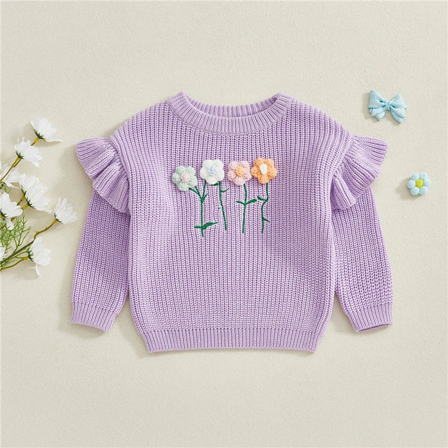 Kids Baby Girl Clothes Children Fall Winter Sweaters Long Sleeve Round Neck 3D Flower Knit Pullover Tops Toddler Chunky Knitwear