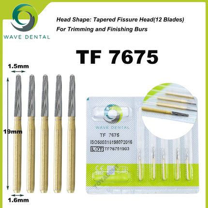WAVE Dental Burs Tungsten Carbide Burs Gold Plated Trimming and Finishing 12 Bladed TF Series For High Speed Handpiece 5pcs/Pack