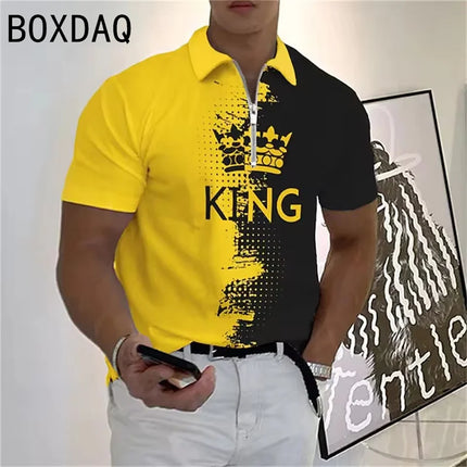 3D King Printed Polos Summer Short Sleeve Turndown Collar Casual Tops Fashion Oversized Men High Quality Zipper Pullover Polos