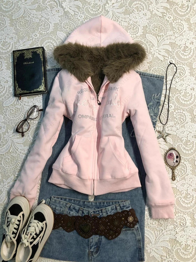 Pink Girl Sweet Vintage Hoodies Autumn Winter Clothes Women Y2k Casual Zip up Letter Graphic Jacket Hoody Harajuku Cuteore Coats