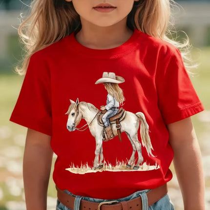 Girl Clothes Cow Girl Riding Horse 3D Print T-Shirt Western Festival Casual Top Summer Short Sleeve Outdoor Children's Clothing