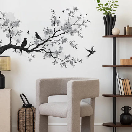 Black White Flowers Wall Stickers Branch Bird for Blossom Wall Sticker Home Decoration Girls Living Room Bedroom Wall Decal