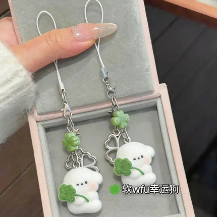 1/2pcs Cute Clover Hug Dog Pendant Keychain Lanyard Flocking Puppy Mobile Phone Straps Pendant Keyring Schoolbag Decorative