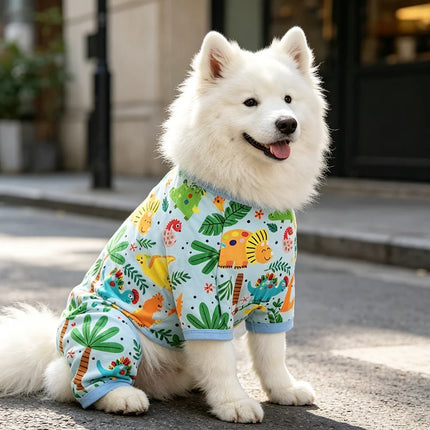 Cartoon Dinosaur Palm Leaf Print Dog Four Legged Pajamas Soft Cotton Pet Jumpsuit Breathable Medium Large Dog Loungewear