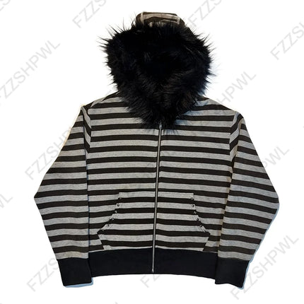 Goth Aesthetic Women Hoodie Harajuku Retro Y2K Emo Girl Fur Collar Cardigan Sweatshirt Rock Punk Hip Hop Casual Loose Streetwear