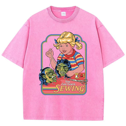 You Can Learn Sewing Print Women Distress T Shirt Summer Breathable Wash Tshirt Street Fashion Tees Casual Sport Cool T-Shirts