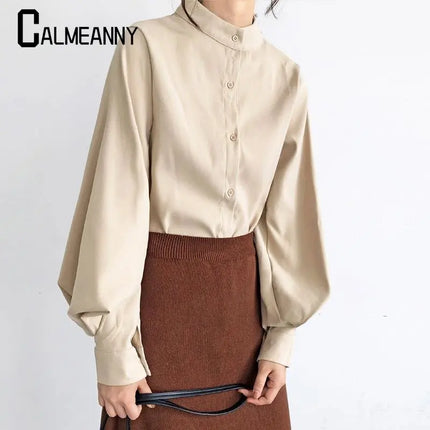 Spring Fashion Women Solid Stand Collar Casual Elegant Fashion Women's Top Clothing Blouse Shirt Lantern Long Sleeve Women's Shirts
