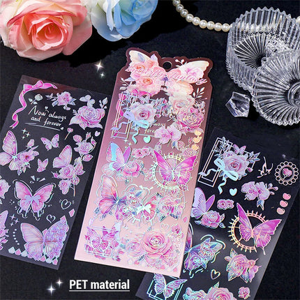 8 Sheets Butterfly Flower Stickers Set Ice Crystals Holographic Shiny Transparent Resin Waterproof Stickers 4 Themes Stickers