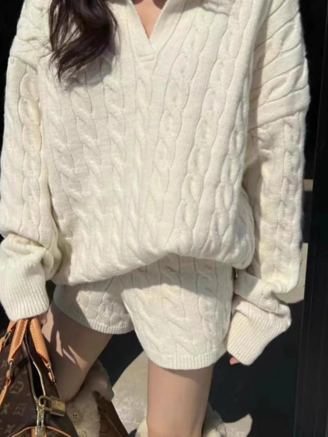 Loose  Ne Knitted Sweater And orts Set for Women Faionable Lazy Sle Twist Knit Top And Bot Two-Piece Suit