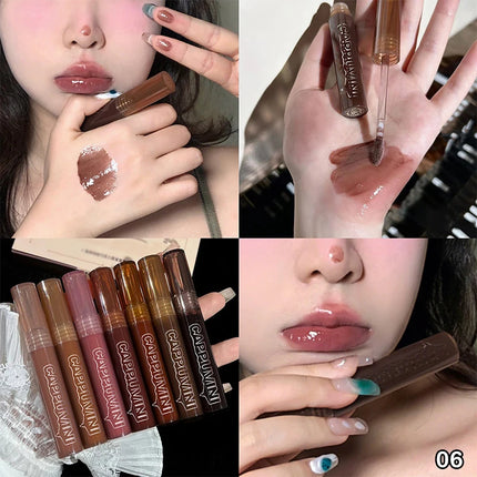 Cappuvini Punk Dark Brown Mirror Water Lip Gloss Waterproof Long-Lasting Liquid Lipstick Tint Red Glaze Transparent Glass