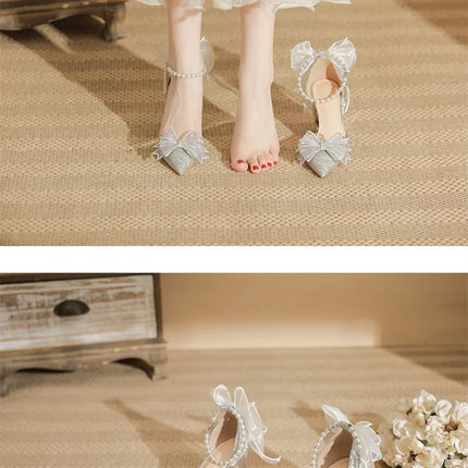 Spring Pointed Toe Party Wedding Shoes for Women, Bride Bow Thick Heel Silver Sequin Fairy Lolita Style Single Shoes