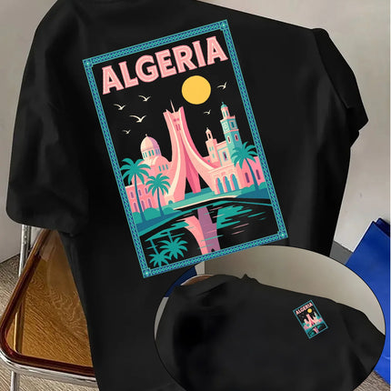 Casual vacation clothes! Men's fashion T-shirt with "ALGERIA" printed round-neck T-shirt fashion short-sleeved