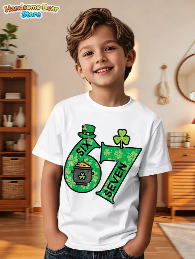 Six Seven Bruh 67 Meme Kids Clothes Happy St. Patrick's Day Girl Boy T-Shirt Children's Clover Irish Day Crew Neck Short Sleeves