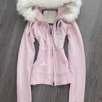 Hoodies Women Clothes 2000s Summer Pink Girly Fix Fox Aesthetic Kawaii Y2k Sweet Zip Up Hoodie Punk Loose Sweatshirt Coat Y2k
