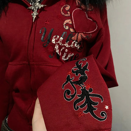 Y2K Gothic Style Fur Collar Hoodie, Retro Fashion Embroidered Letter Slim Fit Hoodie, Street Casual Sports Hoodie