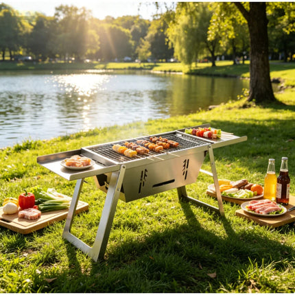 Stainless Steel Portable BBQ Grill Outdoor Folding Charcoal Stove Compact Camping Picnic Grill Skewer Rack Travel Barbecue Set