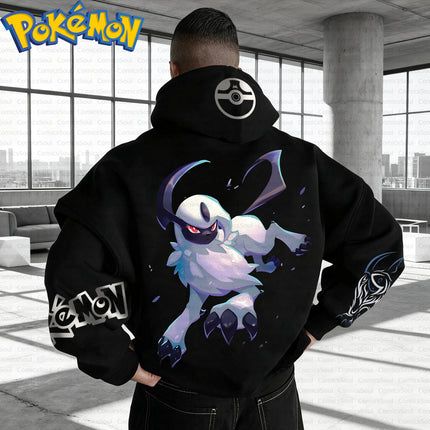 Black Pokemon Hoodie and Pants Set Cotton Anime Absol Character Print Purple Aura Back and Pokeball Chest Design Casual Outfit