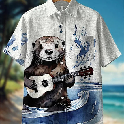 Hawaiian Casual Shirt Men's Summer 3D Wave Print Retro Short Sleeved Linen Top Suitable for Clothing Tops