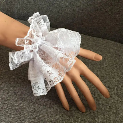 1Pair Lolita Hand Sleeve Wrist Cuffs Ruffled Floral Black Lace Elastic Bracelet Elegant Women Girls Wrist Warmers Gloves Gift