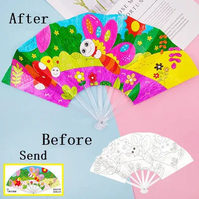 Painting Summer Fan DIY Toys For Children Cartoon Animal Color Graffiti Origami Fan Art Craft Toy Creative Drawing Kids