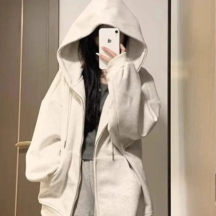 【100% Cotton Classic Style 】 Solid-color Zipper Hoodie for Women, A Thin Cardigan Jacket in Korean Style, Loose and Laid-back