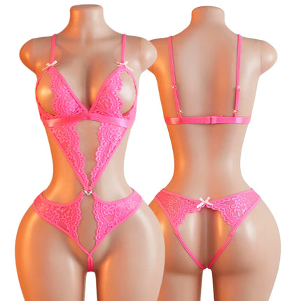 Hot Pink See Through Lace Bodysuit For Women Adjustable Spaghetti Strap Bow Decor Open Crotch Erotic Lingerie