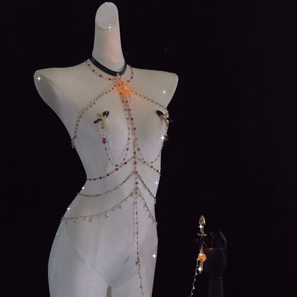 Red Ruby Crystal Rhinestone Full Body Chain Choker Nipple Clamps with Pendant BDSM Bondage Jewelry Set for Couple Sex Toys 18+