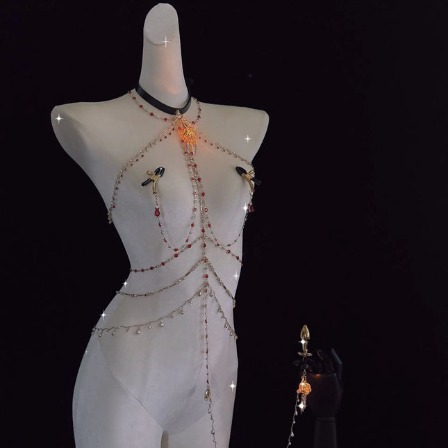 Red Ruby Crystal Rhinestone Full Body Chain Choker Nipple Clamps with Pendant BDSM Bondage Jewelry Set for Couple Sex Toys 18+