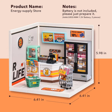 Robotime Mini Dollhouse DIY Miniature House Kit 1:20 Fruit Store Cafe Store Supply Store Kit with LED for Teens Adults
