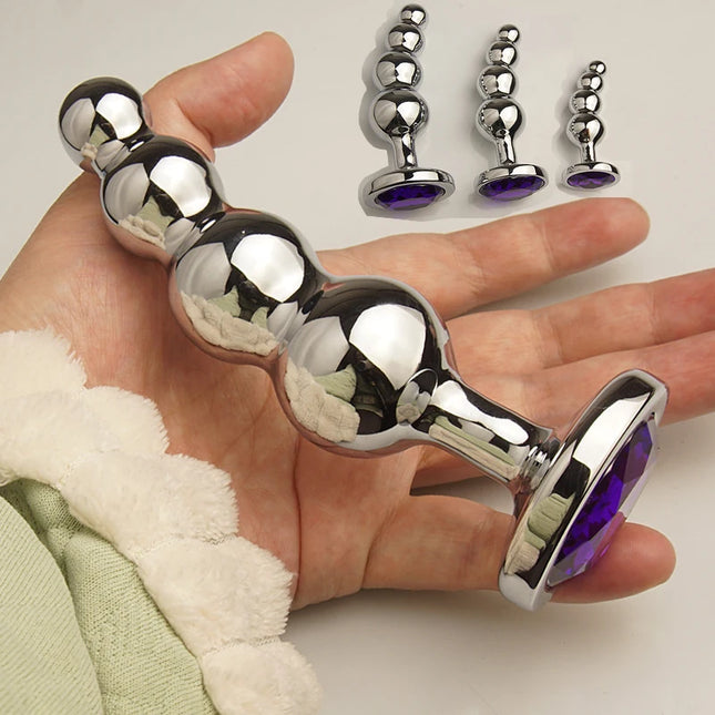 Metal Curved Anus Butt Plug, 4 Beads Stimulating Anal Plugs Sex Toy, Prostate Massage, Analplug Buttplug with Jewelry Base