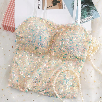 Small Sequin Ball One-Piece Fixed Vest Wrap Chest Base Layer Brtte for Girls Summer Outing ort High Elastic Polye...