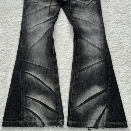 Y2K Distressed Flare Jeans Gothic Men Double Waist Lace Up Denim Pants Retro Washed Scratches Streetwear Unisex Bootcut Jeans