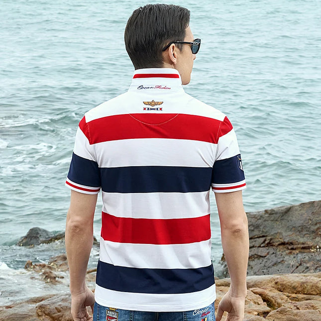 New Straight Men's Striped Polos Short Sleeved Bruce&Shark Summer Fashion Embroidery T-shirt Breathable Men Casual Tee Big Size