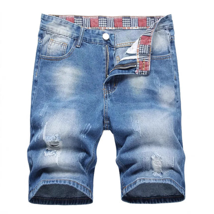 Men's denim shorts with summer frayed elastic men's casual pants slim-fit European-style shorts tight and worn-out men's pants