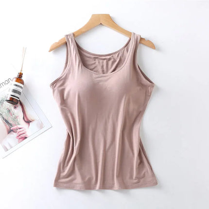 2025 Women's Vest Tops With Built-in Bra Neck Vest Padded Slim Fit Tank Tops Sexy Shirts Feminino Casual Underlay Slimming Shirt