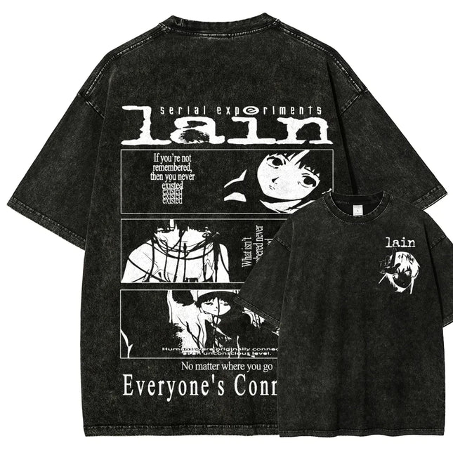 Classic Retro Anime Serial Experiments Lain Graphic Print T-shirt Loose Casual Oversize Vintage Washed Cotton Tee Streetwear Top