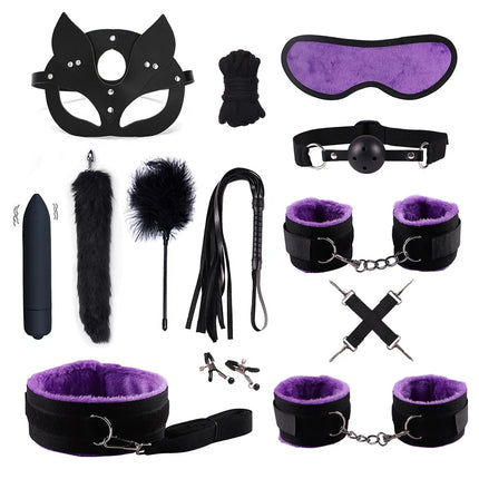 Adult Erotic Nylon Bondage BDSM Kit with Handcuffs Sex Whip Mouth Gag Soft Fox Tail Anal Plug for Women Sexy Games