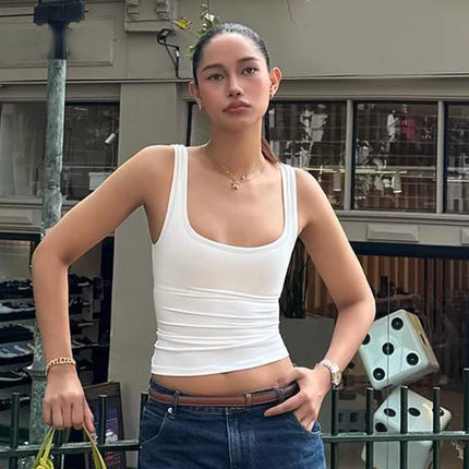 Hugcitar 2025 Summer Solid Straps Sexy Slim Crop Tank Top Women Casual Y2K Clothes Streetwear Party Sport Festival Wholesale