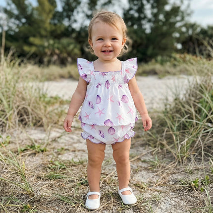 Baby Girl Summer 2Pcs Outfits Watermelon/Sunflower/Ocean Print Ruffled Trim A-Line Flying Sleeve Square Neck Tops and Shorts Set