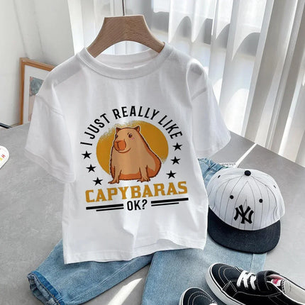Summer Cotton Children's T-shirt Short Sleeve Capybaras Love Cute Animal Cartoon Kid Clothes Baby Girl Boy Cute Casual Y2k Tee Top