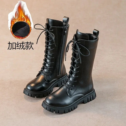 Girls' Boots Autumn Winter British Style Lace Up Long Boots Solid Color Princess Leather Boots Plus Velvet Kids Knight Boot