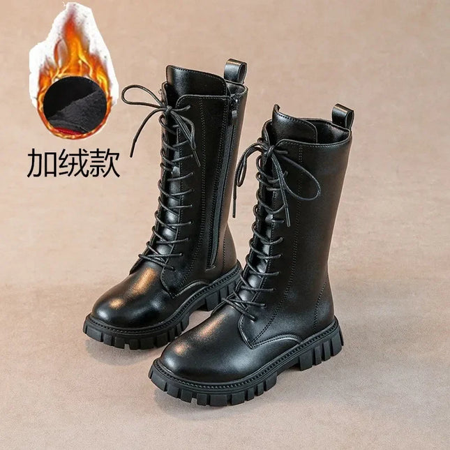 Girls' Boots Autumn Winter British Style Lace Up Long Boots Solid Color Princess Leather Boots Plus Velvet Kids Knight Boot