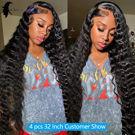12A Deep Wave Bundles Human Hair Brazilian Remy 30 32 Inch Raw Curly Hair Bundles 100% Human Hair Extensions 3/4 PCS Double Weft Wet Human Hair Bundles Thick Full Ends Soft Bouncy Hair For Women Salon Grade Long Lasting Luxur