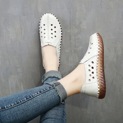 New Real Leather Perforated Ballet Flats Women's Massage Insole Slip On Moccasins Woman Hollow Loafer Casual Daily Shopping Shoe