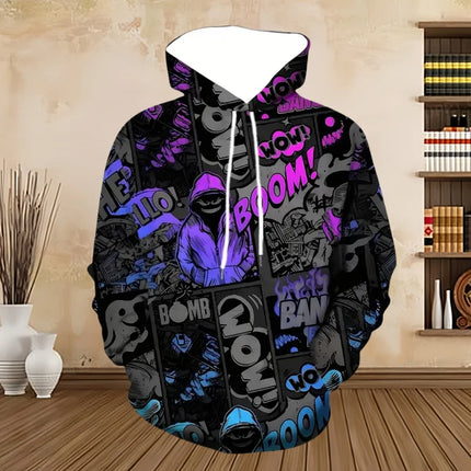 Men's Painted Graffiti Flow Printed Hoodie Casual Trendy Long Sleeve Sports Top Street Men's Colorful Pattern Hoodie Sweatshirt