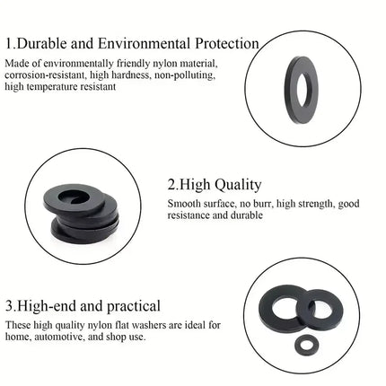 500 Pcs Mixed Sizes M2-M10 Black & White Nylon Flat Washers Insulating Gaskets for Screws And Bolts Kit