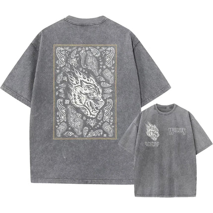 Men's Harajuku Casual Cotton Short Sleeve Washed T-Shirt Vintage Printed Street Hip Hop Retro Punk T Shirt Acid Wash TShirts top